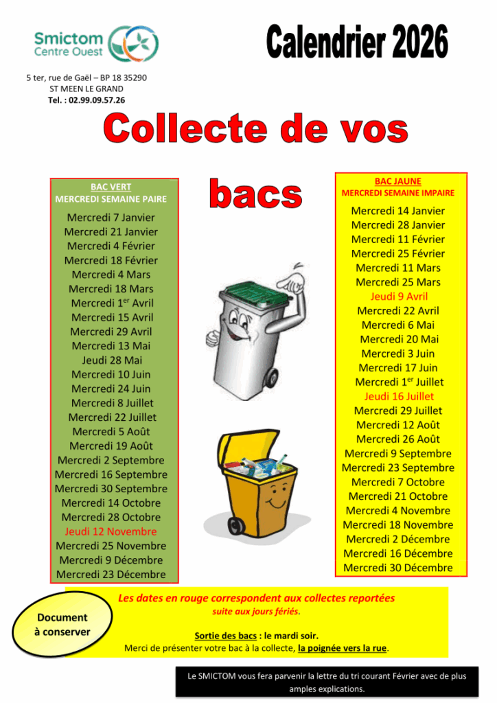 Calendrier enlèvement des déchets
